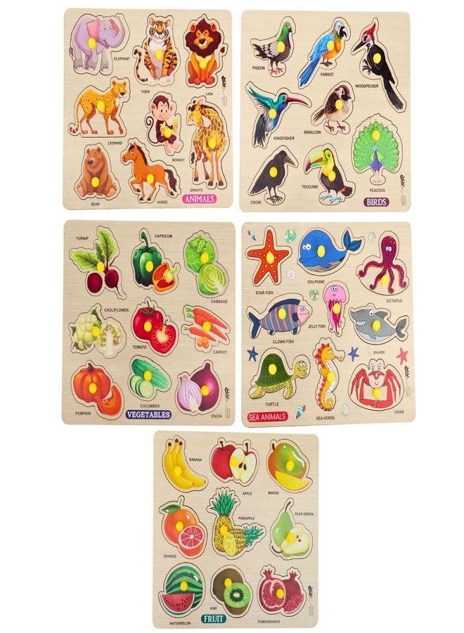 APPSTER Animal, Fruits, Vegetables, Birds & Sea Animals Wooden Puzzle Toy for Kids | Jigsaw Puzzle Board Game | Early Learning Educational Toys for Toddlers & Adults (Pack of 5) - Image 1